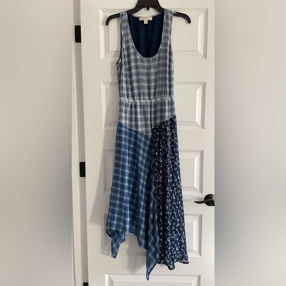 MICHAEL Michael Kors Plaid and Floral Asymmetrical Hem Maxi Dress Size Small